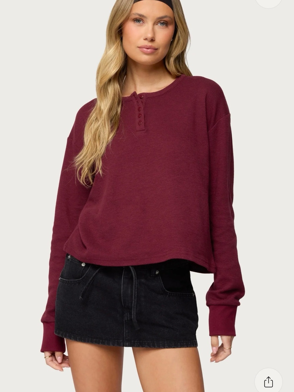 Edikted Waffle-Knit Henley Sweatshirt - Burgundy